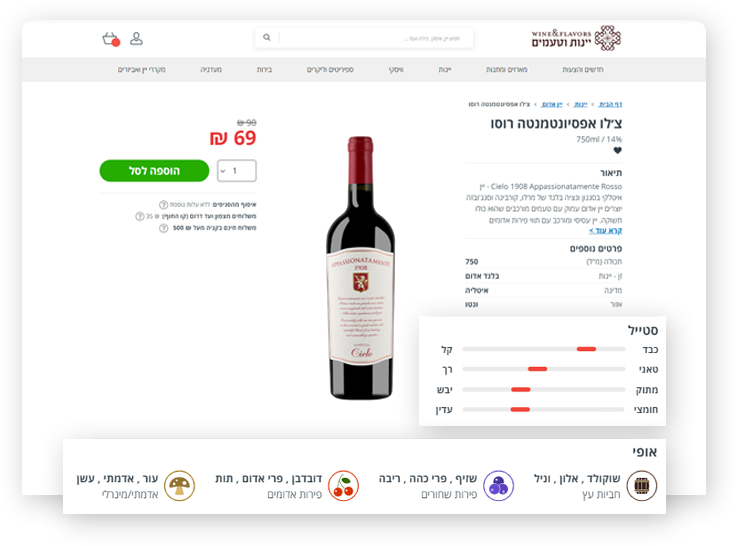 דוגמה מאתר מכירות באינטרנט של "יינות וטעמים" שמציג דף מוצר. סקאלה ויז'ואלית שמראה את הסגנון של המוצר, ואייקונים עם תיאור המציגים את אופיו של המוצר. חווית משתמש גבוהה ללקוחות הקונים באתר - אתר מכירות שנבנה ע"י סוכנות איקומרס Original Concepts